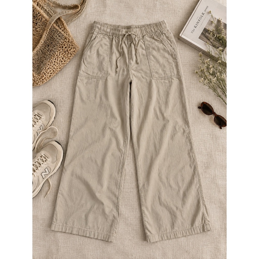 Three Dots Women Oatmeal Beige Linen Blend Wide Leg Drawstring Pants TD009636 M